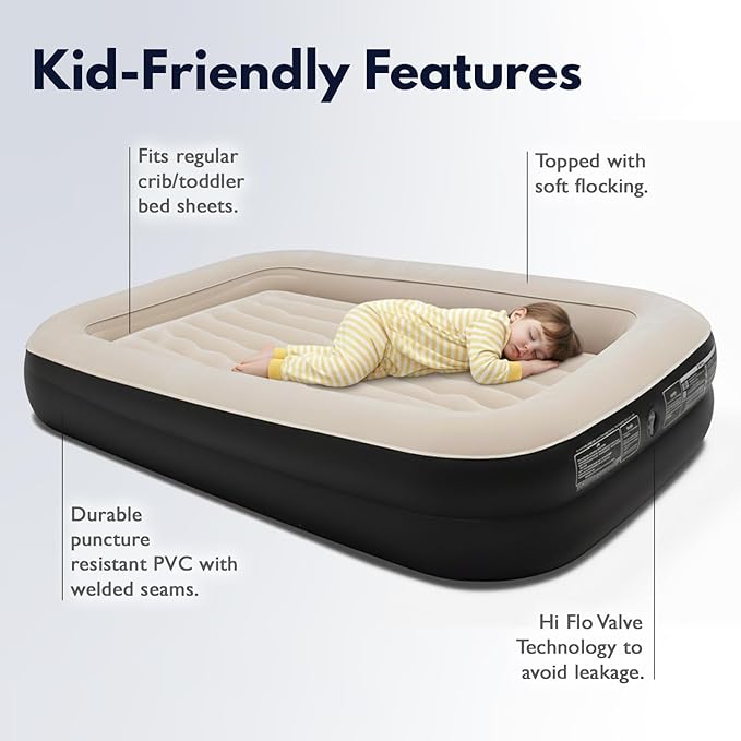 King Koil Luxury Inflatable Toddler Travel Bed with Built-in Safety Bumper, Portable Air Mattress Airbed for Kids Travel, Includes High-Speed Pump - Black