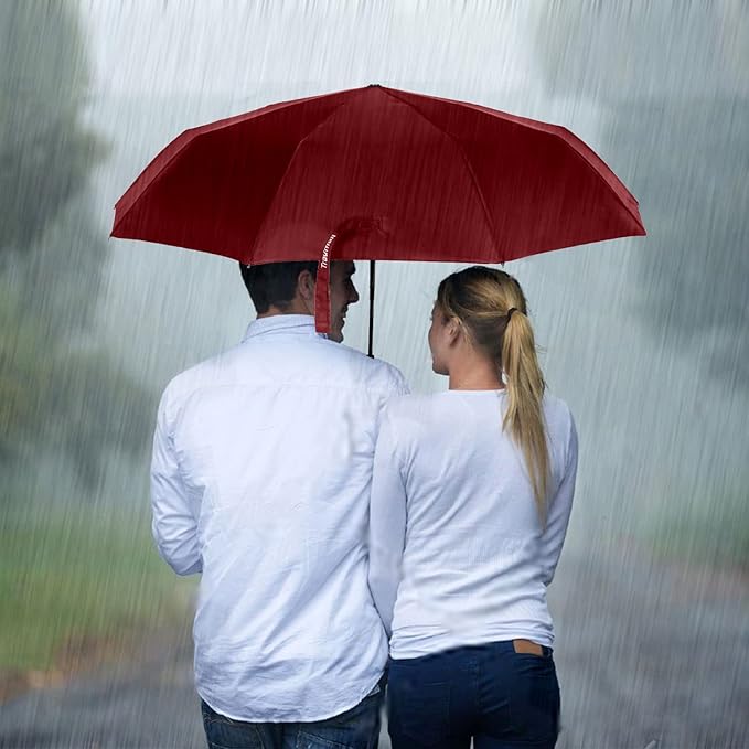 TradMall Travel Umbrella Windproof with 46 Inches Large Canopy 10 Reinforced Fiberglass Ribs Ergonomic Handle Auto Open & Close, Red