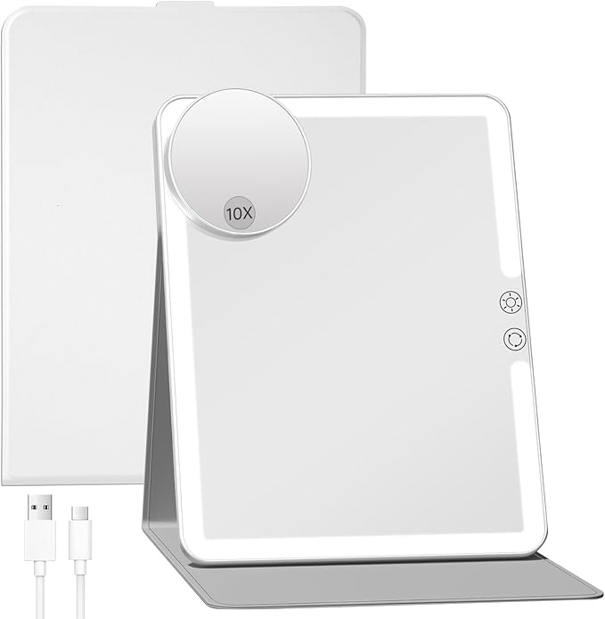 FUNTOUCH 2500mAh Large Rechargeable Travel Makeup Mirror with Light, Portable Makeup Mirror with 10X Magnifying Mirror, 3 Lighting Modes, Tabletop Folding Travel Mirror with PU Leather Cover (White)