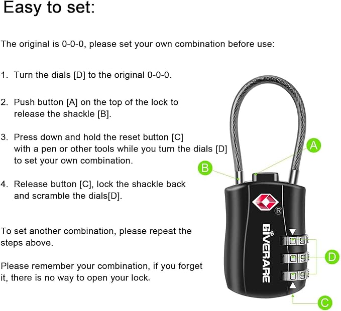 GIVERARE 4 Pack TSA Approved Luggage Locks, Combination Travel Cable Lock, Re-settable 3-Digit Padlocks with Alloy Body, Keyless TSA Padlock for Gym Locker, Golf Bag Case-Black