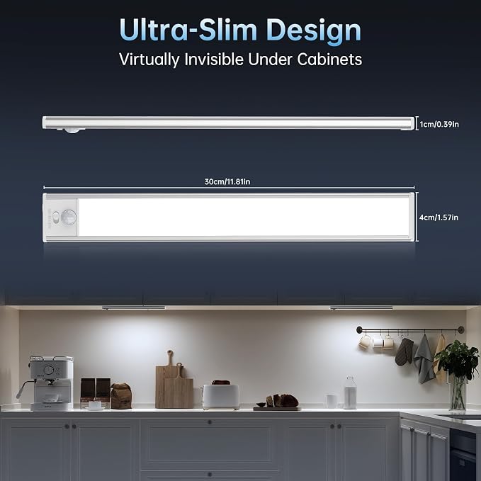 Under Cabinet Lighting Wireless,12inch Motion Sensor Light Indoor | 1800mAh Rechargeable,3 Colors Dimmable,Magnetic Closet Lights,Battery Operated,Under Counter Lights for Kitchen 5Pack