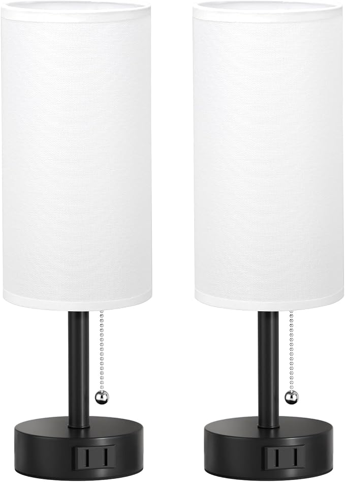 White Bedside Table Lamps Set of 2 - Bedroom Lamp for Desk, AC Outlet | 3CCT(3000K/4000K/5000K), LED Bulbs Included, White Fabric Lampshade, 14in Small Lamp for Nightstand, Guest Room, Living Room