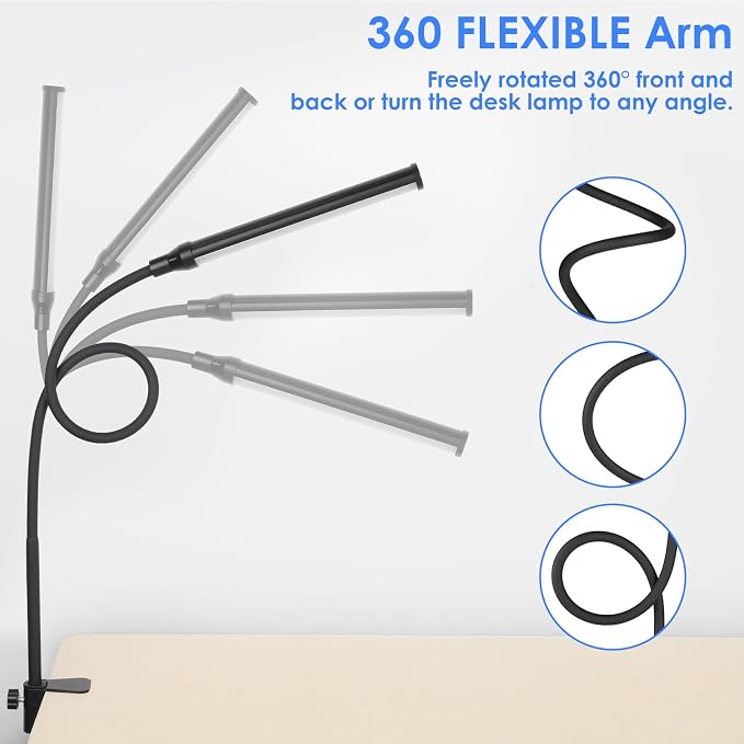 ShineTech LED Desk Lamp with Clamp, 5000K Clip On Desk Lamp for Home Office | 11 Brightness Level,360°Flexible Gooseneck Architect Desk Light, Eye Caring Reading Lamp with USB Adapter