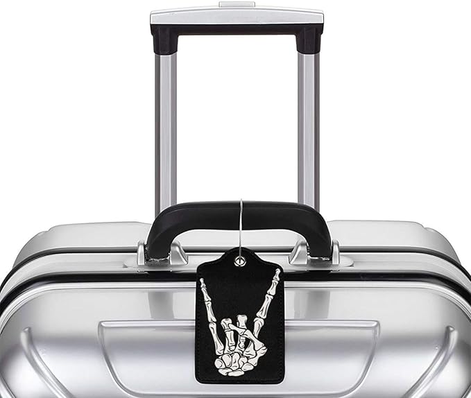 2 Pack Luggage Tags for suitcases Cool Skull Skeleton Rock TSA Approved Label Luggage Tag Baggage Tag Leather Stainless Steel Loop Label Tag for Men Women Travel Bag Suitcase
