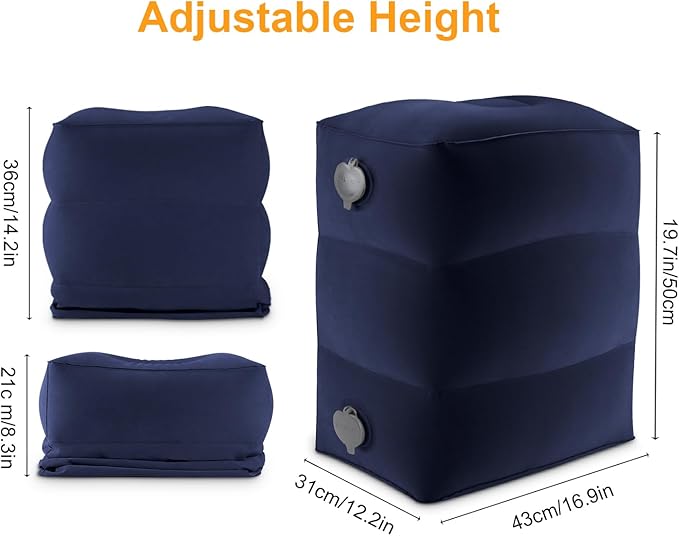 Maliton Inflatable Travel Foot Rest Pillow, Kids Airplane Bed, Adjustable Height Leg Pillow for Air Travel, Make a Flat Bed for Kids and Toddlers, Great for Airplane, Train, car(Blue, 1 Pack)