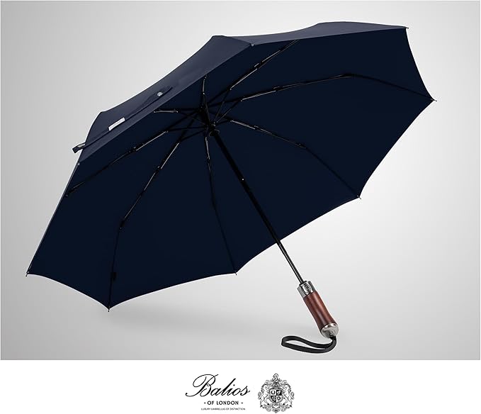 Balios (Designed in UK) Travel Umbrella Luxurious Golden Hardwood Handle Auto Open & Close Windproof Frame Single Canopy Automatic Folding Umbrella Men's & Ladies