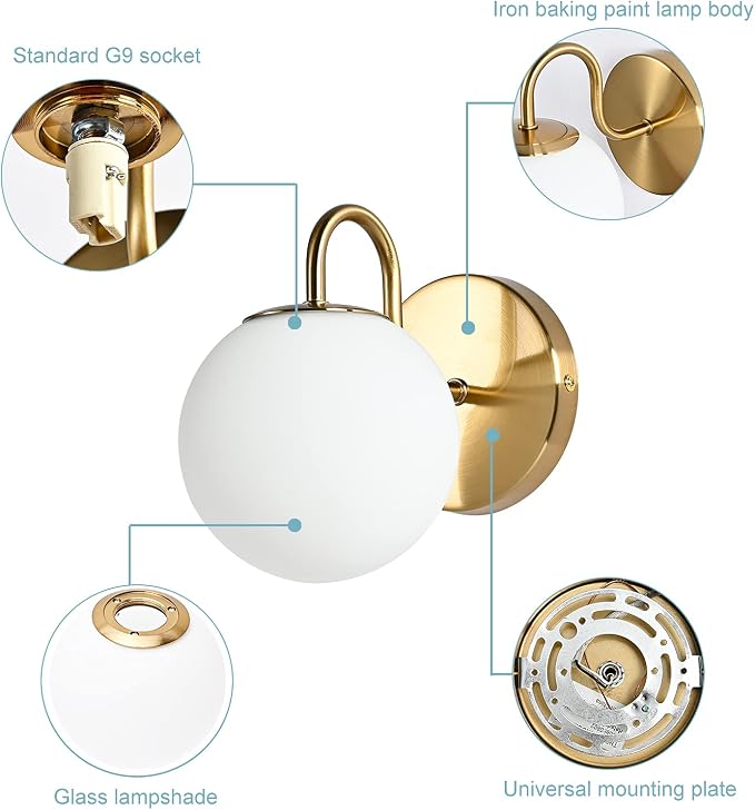 Modern Bedroom Wall Sconce Brushed Brass Indoor Wall Light Fixture Milk White Globe Glass Wall Lamp for Bathroom Kitchen Living Room Vanity Hallway (Exclude Bulb)