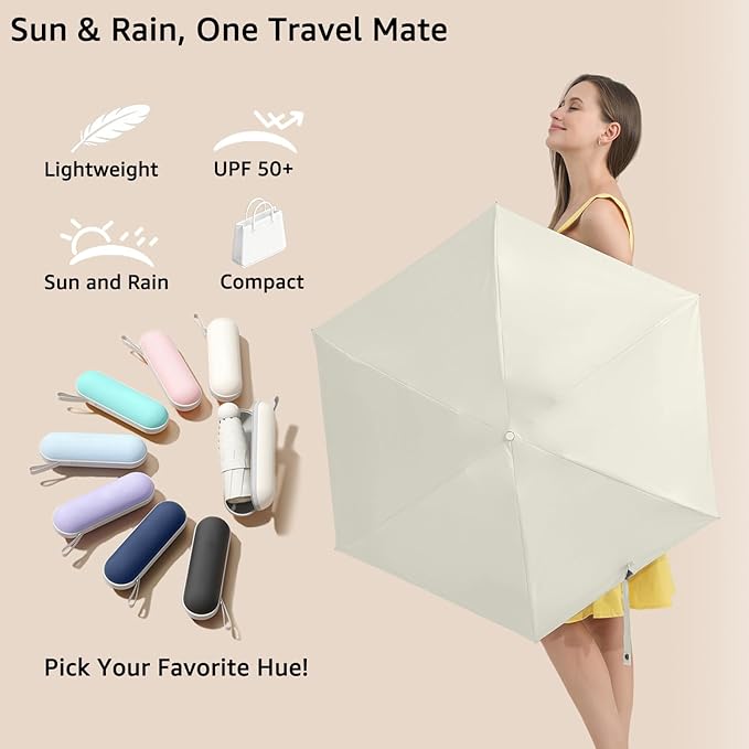 BAODINI Travel Essentials Mini Umbrella for Purse With Case Small Compact UV Sun Protection Lightweight Tiny Pocket Manual Open Close Umbrella for Women Kids and Men Fits Purse Backpack