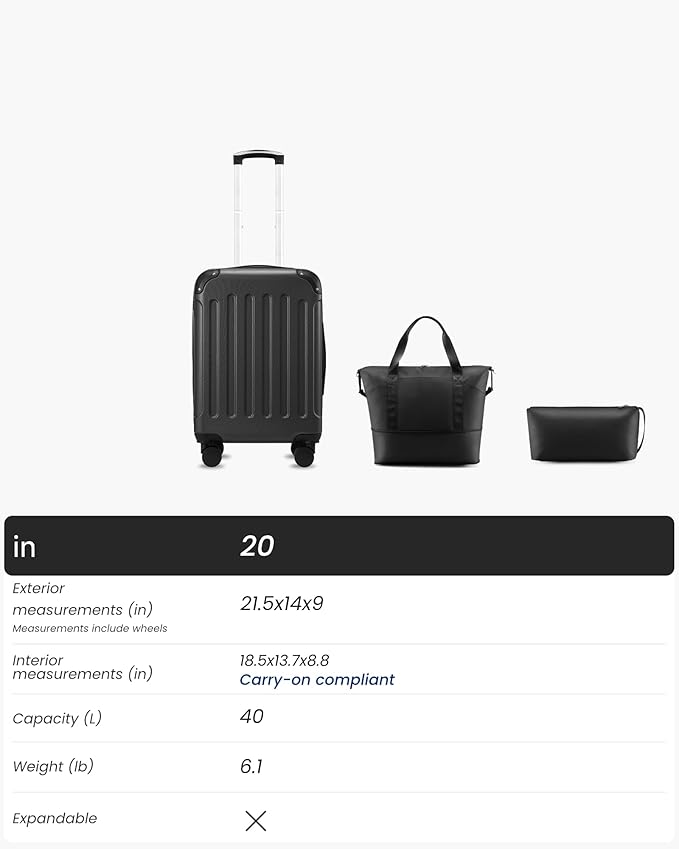 Carry On Luggage 22x14x9 Airline Approved, Hardside Suitcase with Wheels, TSA Approved, Tote Bag, Blue