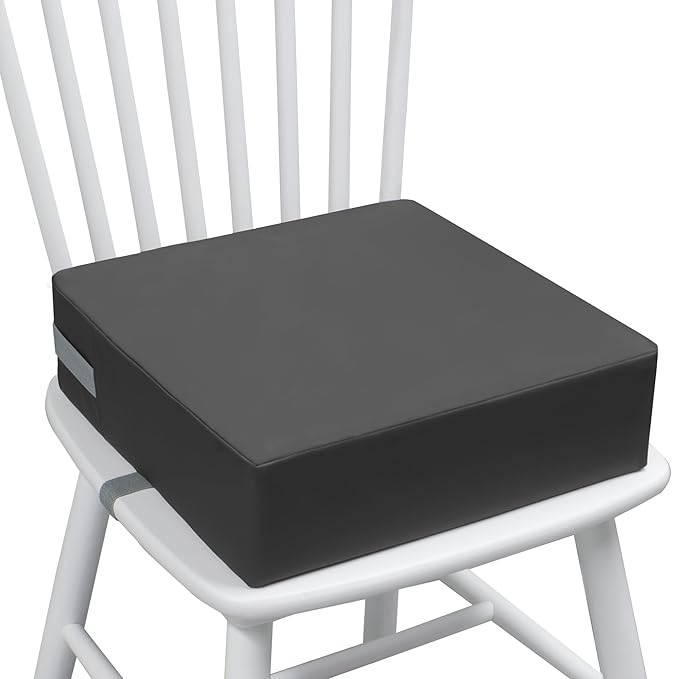 Toddler Booster Seat Dining Table Kitchen Chair, Waterproof Anti-Scratch PU Cushion, Non-Slip Bottom, Adjustable Buckle Straps, Easy Clean Portable Seat Cushion (Dark Grey)