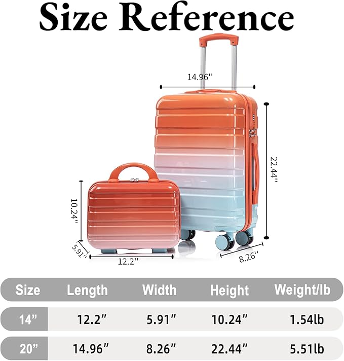 Gradient Red-Blue Luggage Set 14" & 20" - 2 Piece PC Spinner Wheel Suitcases with Combination Lock, Lightweight Carry On for Business & Vacation
