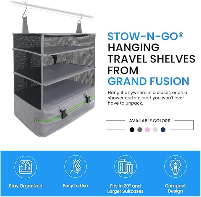 Grand Fusion Stow-N-Go Packing Organizer for Luggage, Portable Hanging Travel Shelves, Carry-On Closet, Hanging Packing Cubes, Collapsible Carry-On Organizer for Cruises & Hotels. Light Gray - XL