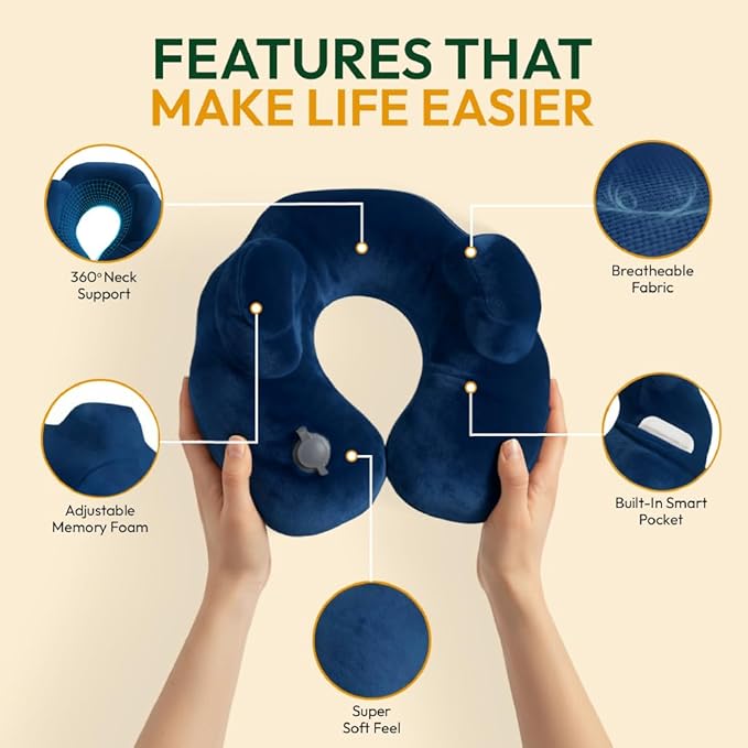 Inflatable Travel Neck Pillow with Adjustable Memory Foam Sides | Lightweight, Soft & Portable Support (Navy Blue, Standard)