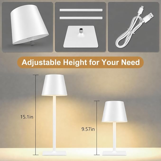 White Cordless Table Lamp Set of 2 for Patio Restaurant Home Dinner Kitchen | 6000mAh battery lamps waterproof wireless portable design for outdoor patio, dining tables, kitchens, restaurants home use