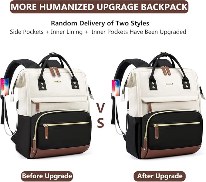 Focdod Laptop Backpack for Women, 17 Inch Work Business Backpacks Purse with USB Port, Large Capacity Doctor Nurse Bag Backbag, Waterproof Casual Daypack for Travel,Black-White-Brown