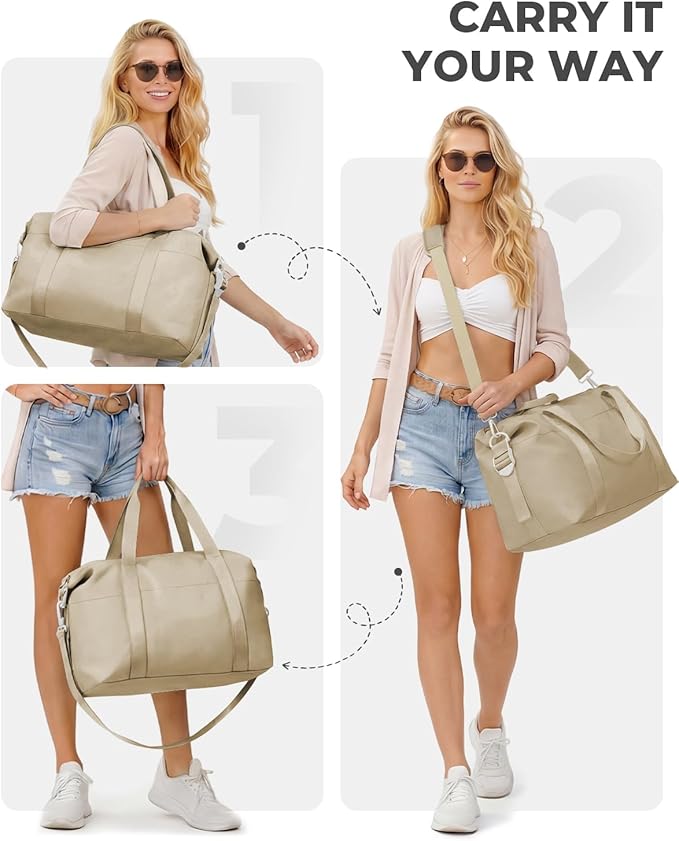 Percover Weekender Travel Duffel Bag for Women, Lightweight Soft-Structure 33L Carry-On, Water-Resistant Nylon with Shoulder Strap & Trolley Sleeve, Personal Item Friendly, Camel Tan