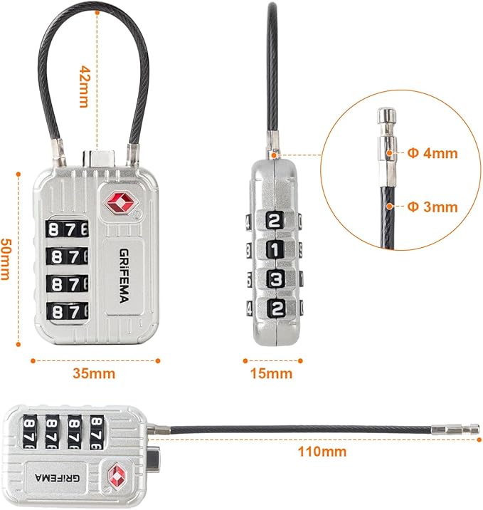 GRIFEMA GA1008W TSA Approved 4-Digit Combination Luggage Lock, Secure Travel Lock with Steel Cable for Suitcases, Backpacks, Gym Lockers - White
