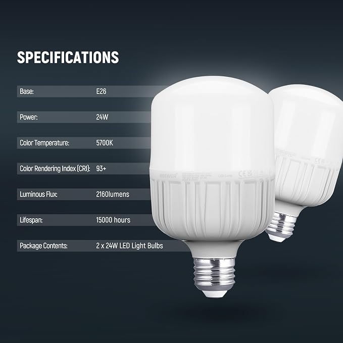 Neewer E26 24W LED Light Bulbs, 2 Packs, 2160 Lumens/5700K/CRI 93+/15000h Lifespan, Bright Video Photography Lighting, Silent/No Flicker/Non Dimmable 200W Incandescent Equivalent