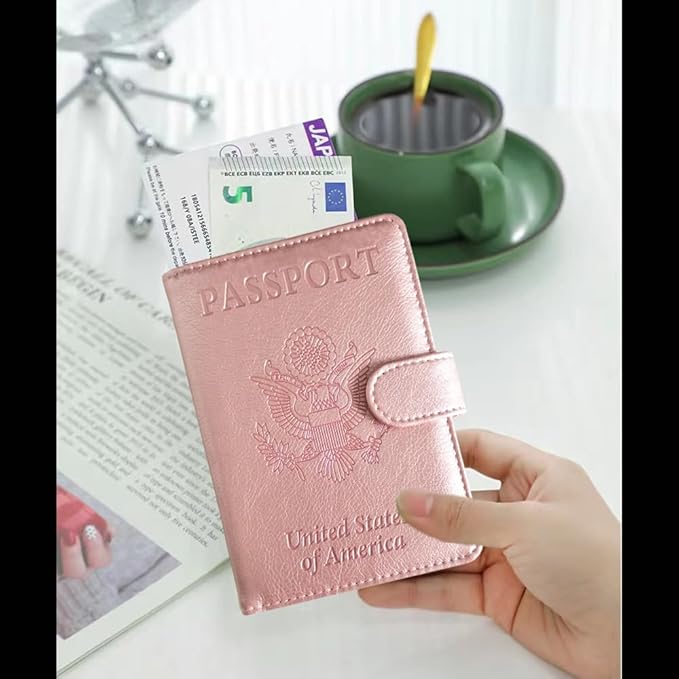 RFID Blocking Passport Holder - PU Leather Travel Wallet for Men Women, Credit Card Slots & Passport Case, Slim Lightweight Organizer for International Travel, (pink)