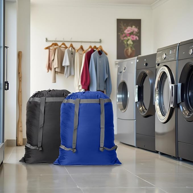 2 Pack Laundry Bag Backpack, 27” x 34”Sturdy Laundry Bag with Shoulder Straps Drawstring Closure Heavy Duty Foldable Laundry Backpack for College, Travel, Laundromat, Apartment (Black Blue)