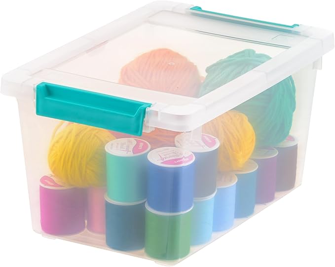 IRIS USA 4 Qt. Craft Storage Bins with Lids, 6-Pack, |Made in USA|, Clip Box, Small Plastic Sensory Bin Tote Organizer Containers for Art Supplies, Paper, & Office, Stackable - Clear/Seafoam Blue