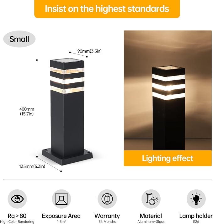 Pathway Lights Hardwired Outdoor 15In Black Lamp Post Walkway Path Lights | Outdoor Landscape Lighting E26 Bollard Lights Waterproof Sideway Post Lantern Anti-rust Exterior Lawn Lamp with 3000K Bulb