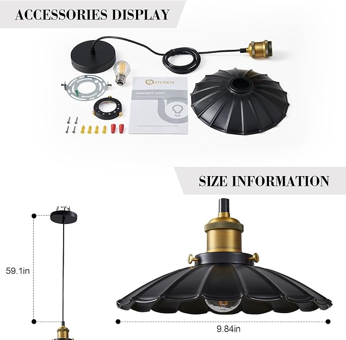 Black Pendant Light, 9.8 Inch Retro Hanging Lamp for Bedroom, Glossy Hanging Kitchen Lights Living Room 6.5Ft Height Adjustable Indoor Pleated Pendant Light