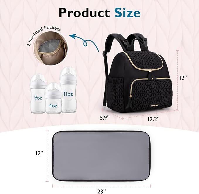 mommore Diaper Bag Backpack, Stylish Travel Baby Bag with Insulated Pockets, Changing Pad and Stroller Straps for Toddler (S-Black, Small-17L)