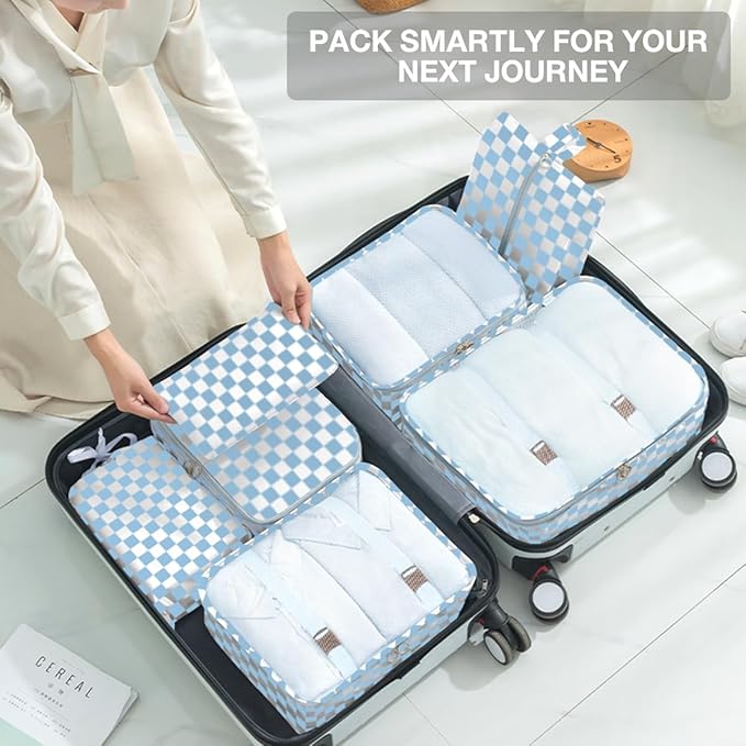 8 Set Packing Cubes for Suitcases,Packing Cubes with Shoe Bag, Cosmetics Bag, Clothing Bag, Accessories Bags Packing Cubes for Travel Luggage Organizer Women Men(Blue Checkered)