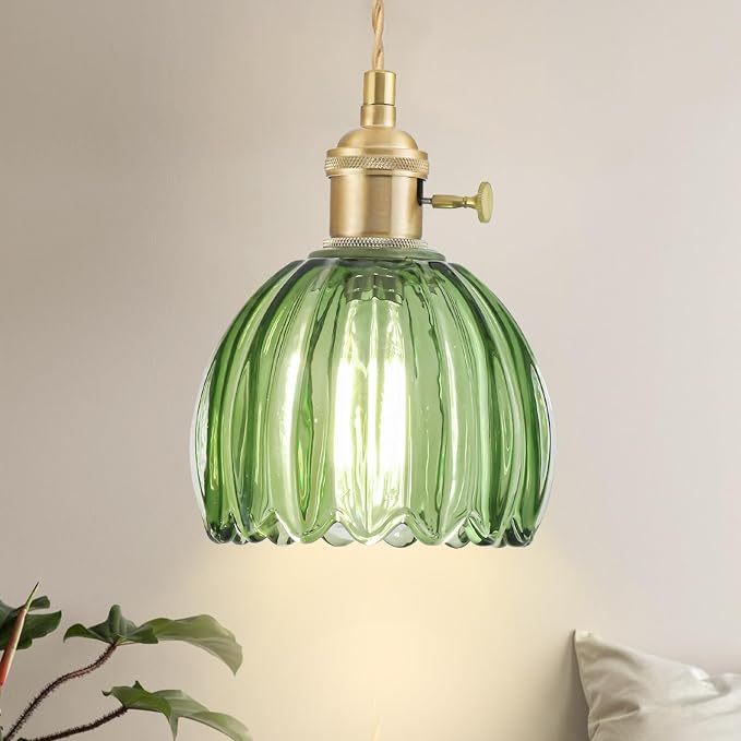 Plug in Pendant Light Fixtures, Hanging Light Fixture Vintage Glass Pendant Light, Mini Green Tulip Hanging Lamp, Pendant Lighting for Kitchen Island, Bedroom, Dining Room, Living Room