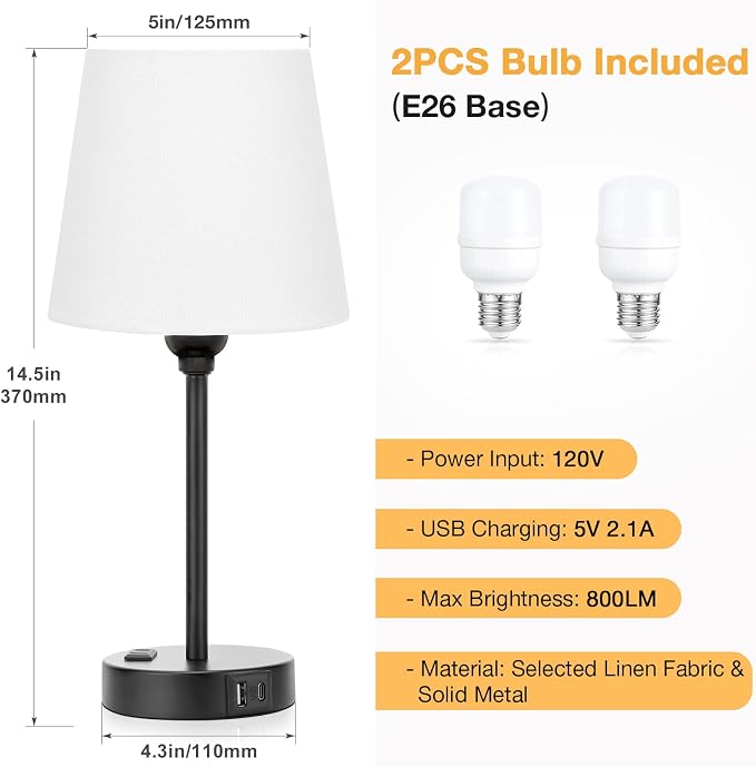 White Bedside Lamps Set 2 for Bedroom - Dimmable Touch, USB C+A, AC Outlet | 14.5" Mini Lamp, 3-Way Dimmable, LED Bulbs Included, White Barrel Fabric Lampshade, Nightstand Light for Guest Room, Kids