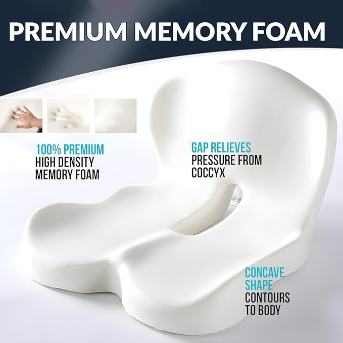 Ergonomic Seat Cushion for Back Pain & Sciatica Relief – Memory Foam Chair Pad for Office Chairs Wheelchair Car & Truck Drivers – Non-Slip Design for Long Sitting Comfort (Black)