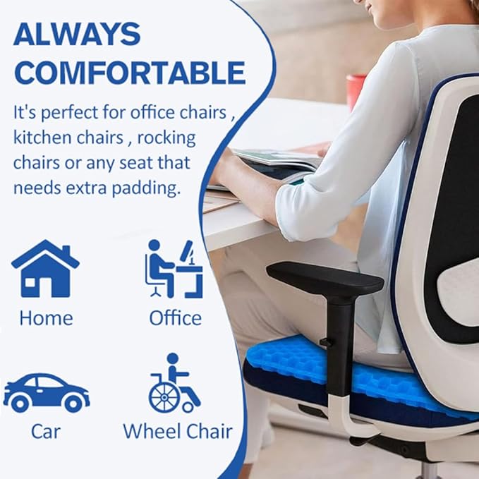 Gel Seat Cushion, Large Cooling Gel Cushion Breathable Honeycomb Chair Pads Gel Cushion with Non-Slip Cover for Home Office Chair Car Seat Wheelchair Absorbs Body Pressure Points, As Seen on TV