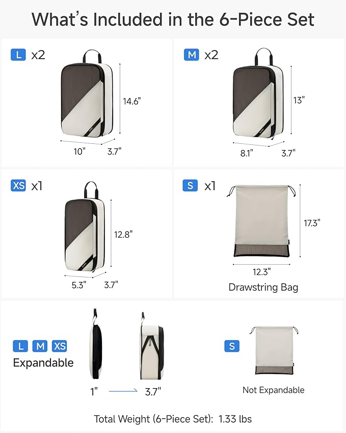 LUGGEX Packing Cubes for Travel, POX01 Luggage Organizers Bags, Suitcase Organizer with Shoe Bag, 6 Set Travel Cubes for Packing (POX-Core, Beige)