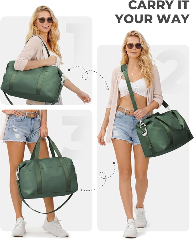 Percover Weekender Travel Duffel Bag for Women, Lightweight Soft-Structure 33L Carry-On, Water-Resistant Nylon with Shoulder Strap & Trolley Sleeve, Personal Item Friendly, Forest Green