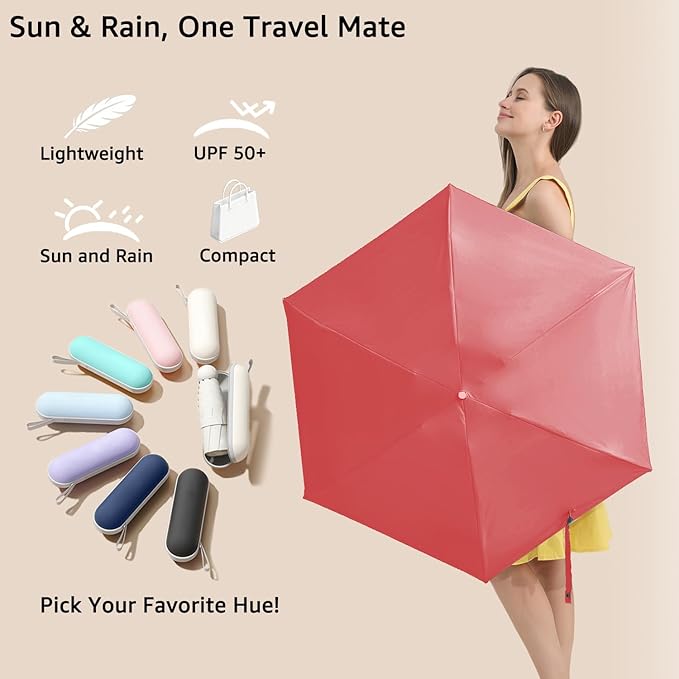 BAODINI Travel Essentials Mini Umbrella for Purse With Case Small Compact UV Sun Protection Lightweight Tiny Pocket Manual Open Close Umbrella for Women Kids and Men Fits Purse Backpack