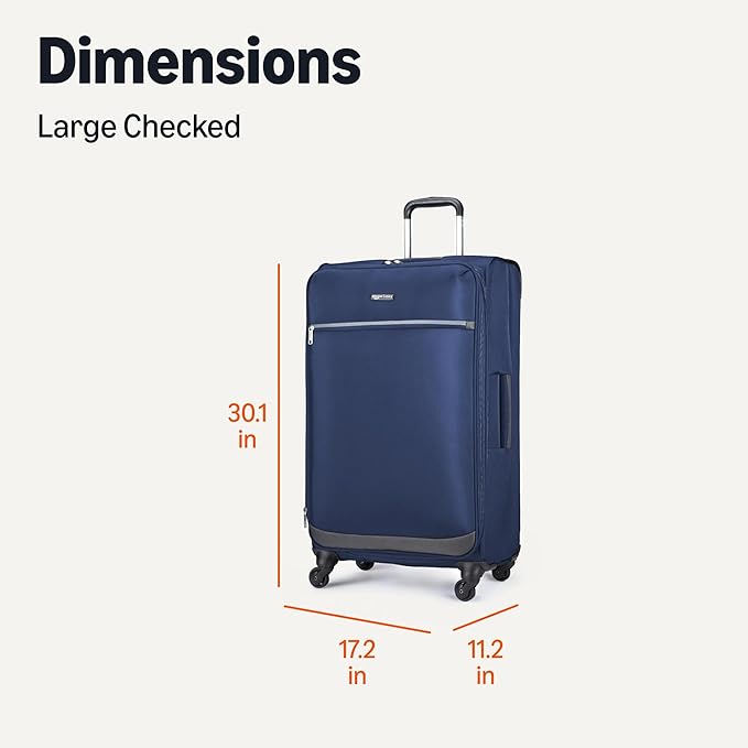 Amazon Basics 28" Large Checked Softside Expandable Suitcase with 360-Degree Multi-directional Spinner Wheels, Zippered Pockets, Telescoping Handle, Spacious, Navy Blue