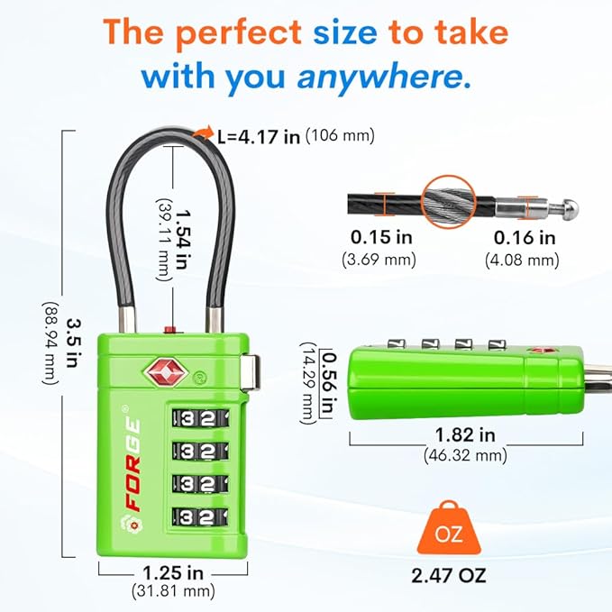 Forge TSA Approved Luggage Locks 4 Digit Combination TSA Travel Locks with TSA008, Open Alert Indicator, Zinc Alloy Body for Luggage, Suitcase, Backpack, and More. 4 Color 4 Locks.