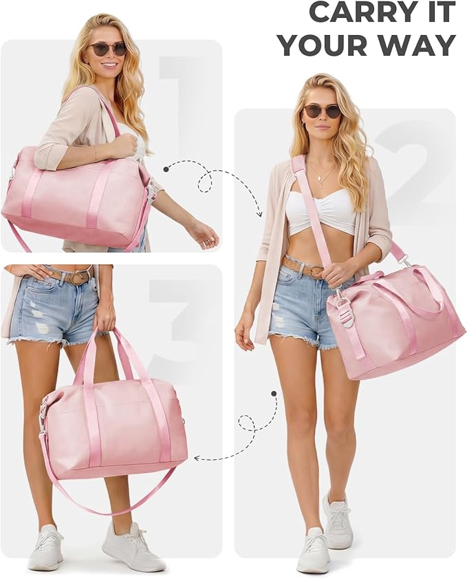 Percover Weekender Travel Duffel Bag for Women, Lightweight Soft-Structure 33L Carry-On, Water-Resistant Nylon with Shoulder Strap & Trolley Sleeve, Personal Item Friendly, Blush Pink