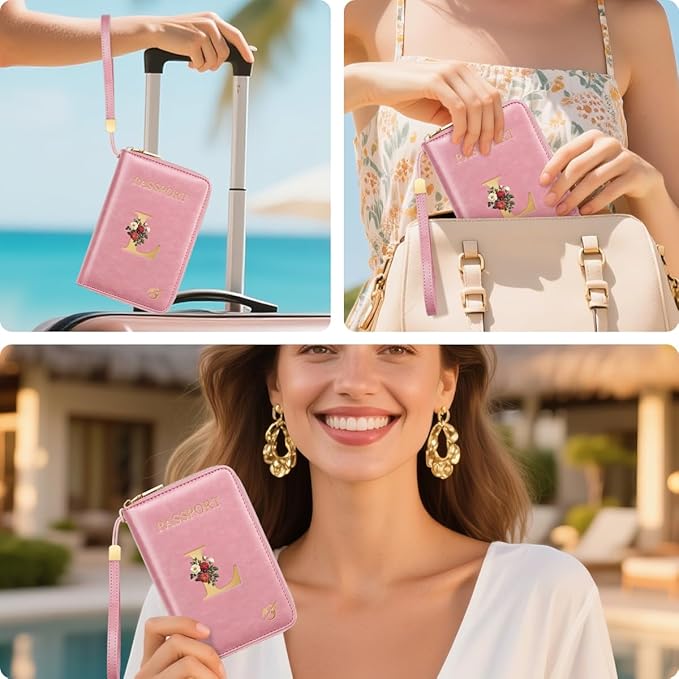 Passport Holder for Travel Personalized Passport Holder Initial Letter Rose Flower RFID Blocking Travel Wallets Credit Cards Holder for Women Men, Pink L
