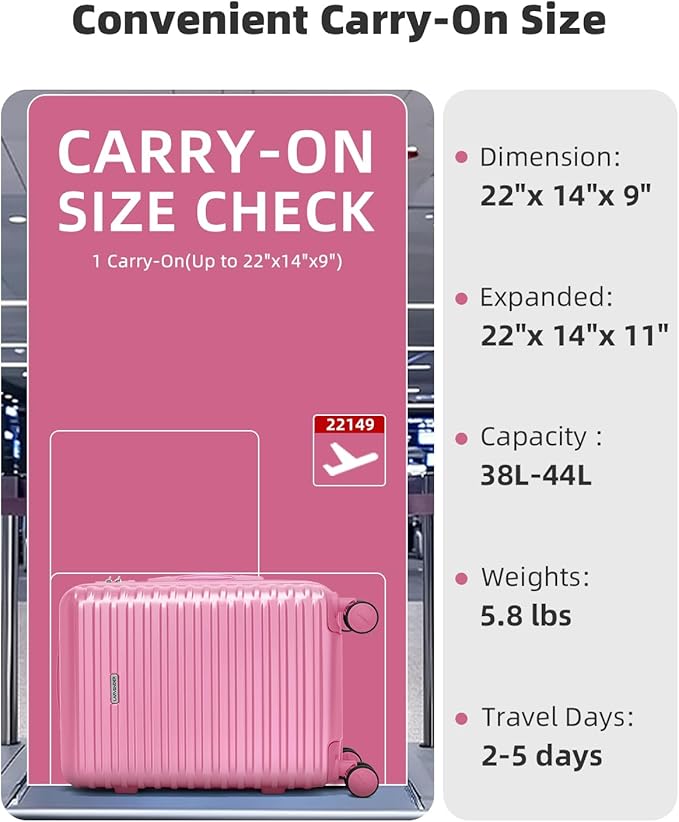 LARVENDER Carry on Luggage 22x14x9 Airline Approved, Expandable 20 Inch Hardside Suitcase with Wheels TSA Lock, PC+ABS Lightweight Carry on Suitcases for Women and Men, Berry (20/DB/TB)