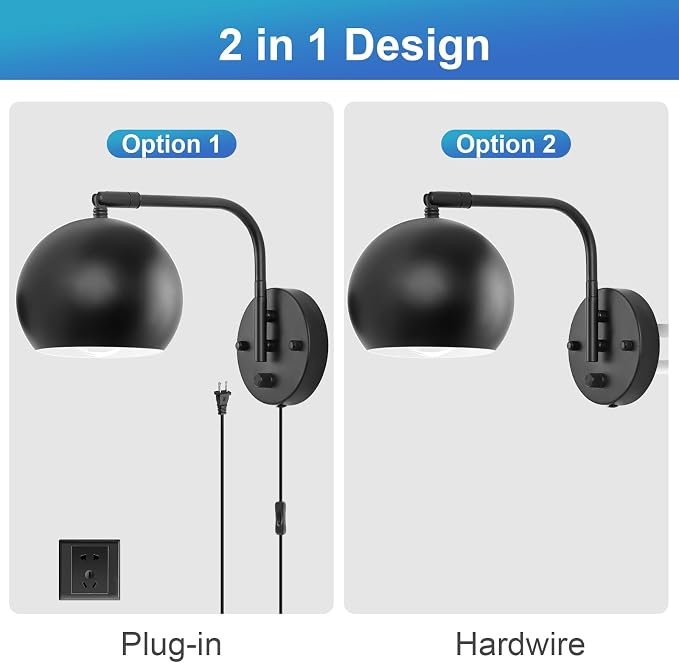 VATONI Plug in Wall Sconces, Dimmable Wall Sconce Swing Arm Wall Lights with Plug in Cord and Dimmer On/Off Knob Switch, Black Globe Wall Light for Bedside Bedroom Bathroom(1 Bulb Included)