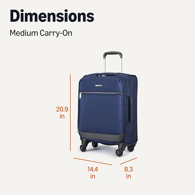 Amazon Basics 18" Medium Carry-On Softside Expandable Luggage Suitcase with Wheels, Four 360-Degree Spinner Wheels, Zippered Pockets, Telescopic Handle, Navy Blue