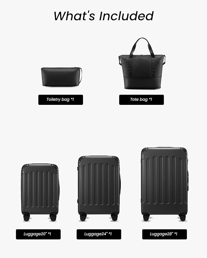 Luggage Sets 5 Piece, Hardside Suitcase with Wheels, TSA Approved, Black