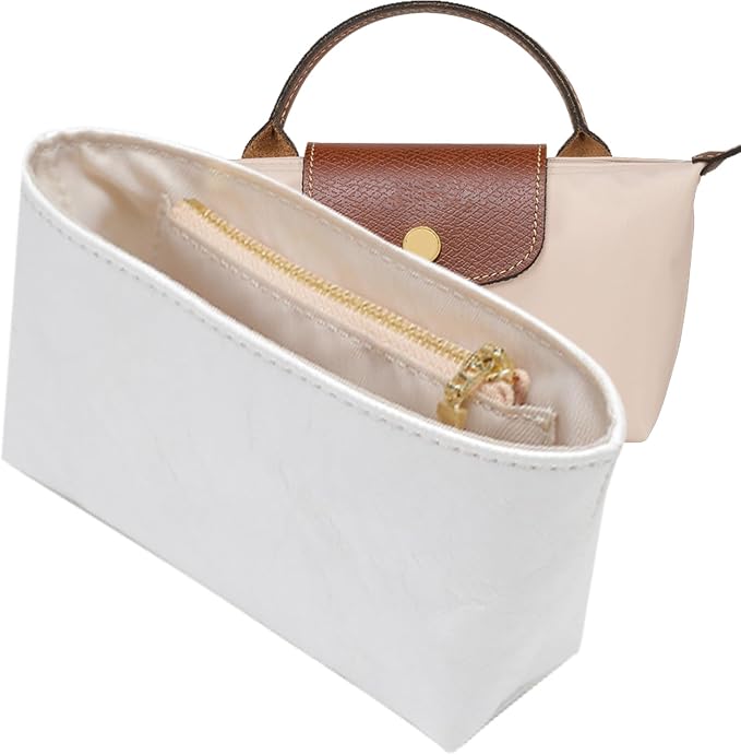 Upgraded Purse Organizer Insert Compatible with Longchamp Mini LePliage Xtra/Original/Green XS Pouch, DupontPaper Handbag Organizer Divider Shaper Inner with Zipper, White/XS