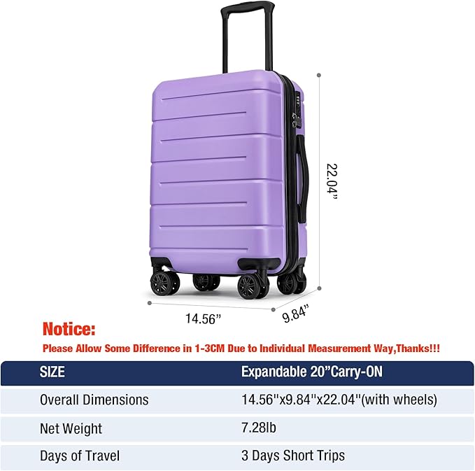 KYME Carry On Luggage 22x14x9 Airline Approved with TSA Lock Hardshell Expandable 20 Inch Suitcase Carry On Suitcase with Wheels Small Travel Rolling Luggage with Cup Holder for Women Lt Purple