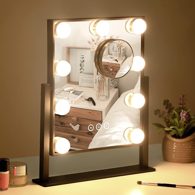 Kotdning Vanity Mirror with Lights,Lighted Vanity Mirror with 9 Dimmable Bulbs for Dressing Room & Bedroom,3 Color Lighting,Modes Detachable 10x Magnification 360°Ratation (Black) 12" L x 14.4" W