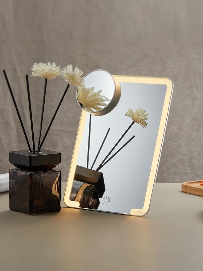 OMIRO Lighted Makeup Mirror with 10X Magnifying Mirror, 10 x 7 inches Desk Mirror with Adjustable Stand and 3 Lighting Modes for Shaving and Travelling, White