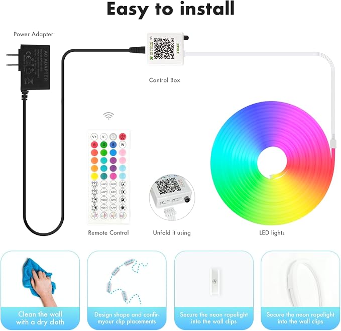 Neon Rope Lights,65.6FT RGB LED Strip Lights, App Control, IR Remote, Music Syncing, Outdoor IP67 Waterproof, Flexible Strip Cuttable for Bedroom, Gaming, Party(2 Rolls of 32.8FT)