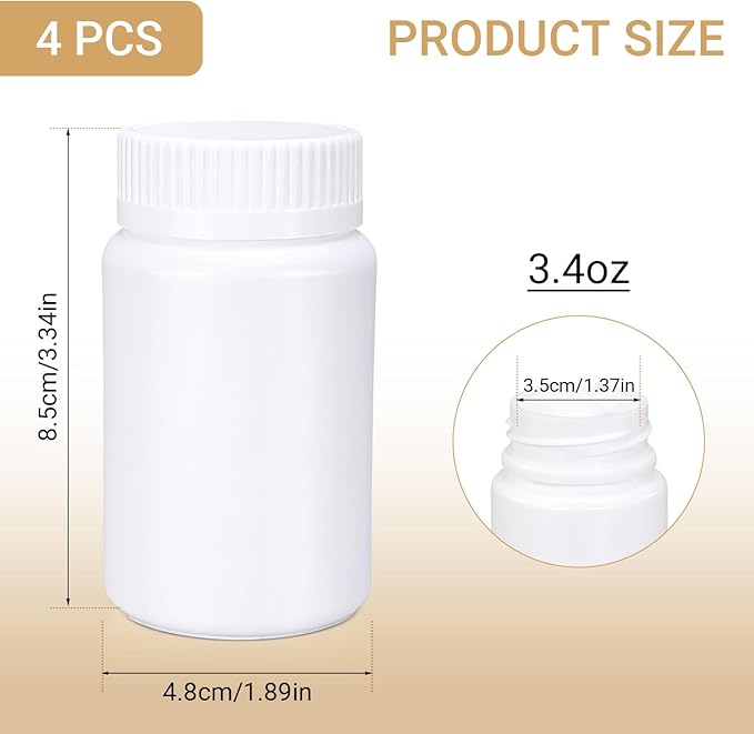 White Pill Bottle, Empty Medicine Bottles with Screw Caps for Pills Capsules Vitamins, Food Grade Plastic Medicine Containers with Labels for Travel (3.4oz/100ml, 4 Pcs)